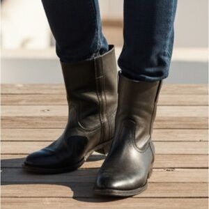 Classic Short Cowboy/Moto Boot with Squared Almond Toe and Low Straight Heel
